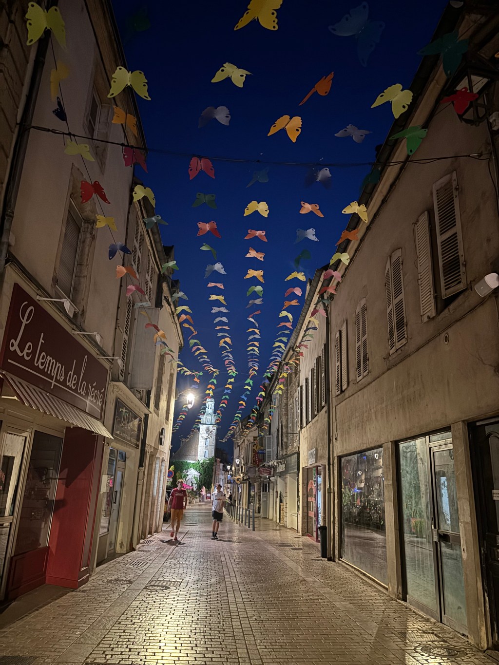Una via di Nuits-Saint-Georges decorata con festoni colorati, di sera