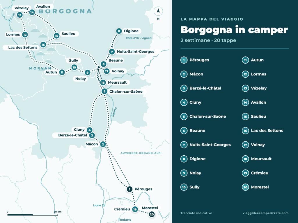 Mappa del nostro itinerario di due settimane in Borgogna in camper con le 20 tappe